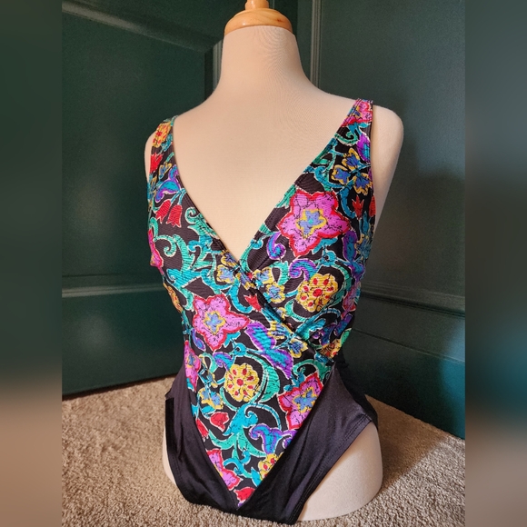 Cole of California Vtg 80s Black Multi Color Floral One Piece Swimsuit - Sz 16 - Picture 1 of 13